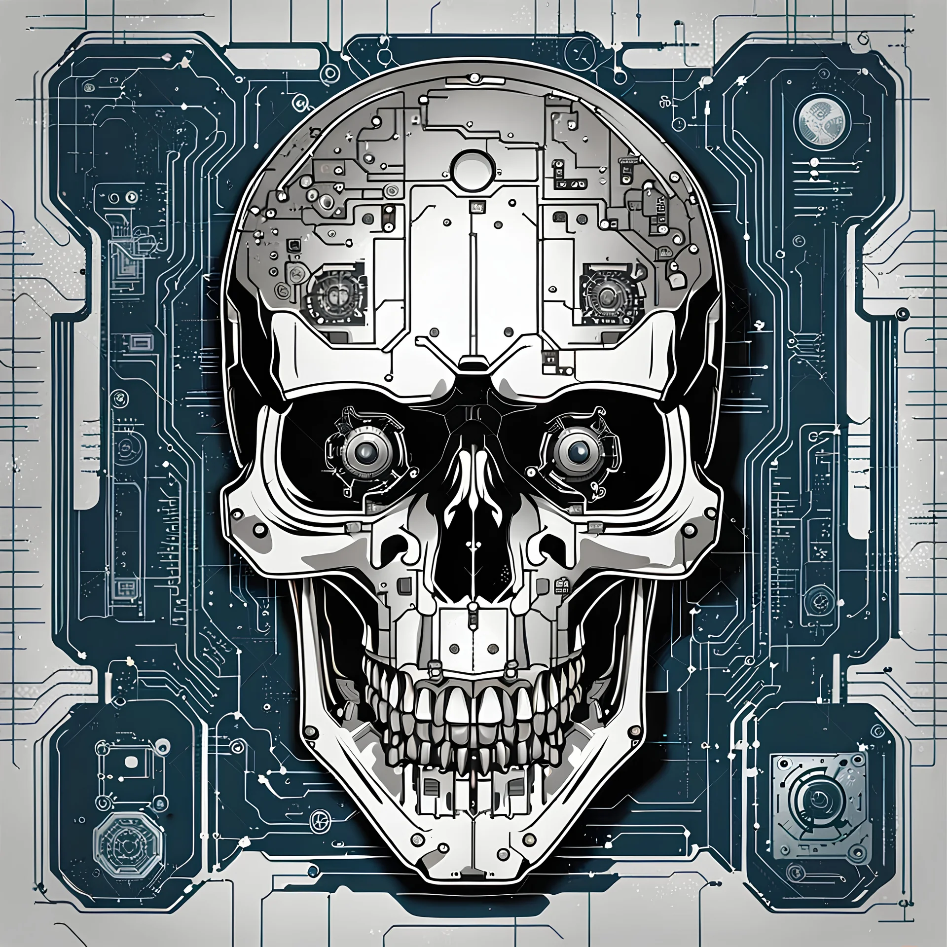 FLAT VECTOR LAYERED IMAGE OF CYBERNETIC SKULL PARTS IN A SCHEMATIC