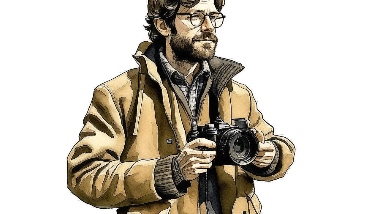 journalist with camera in corduroy jacket art