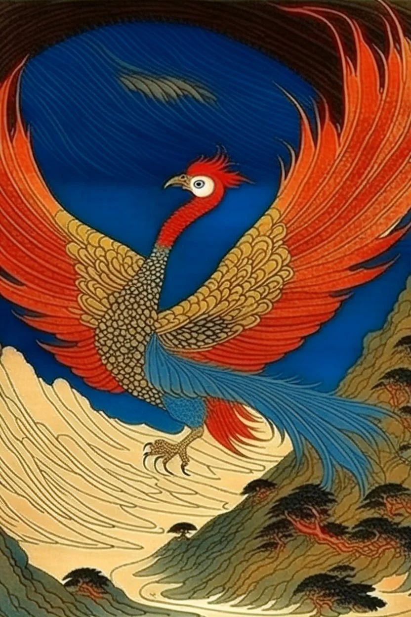 A firebird inside a mine painted by Katsushika Hokusai