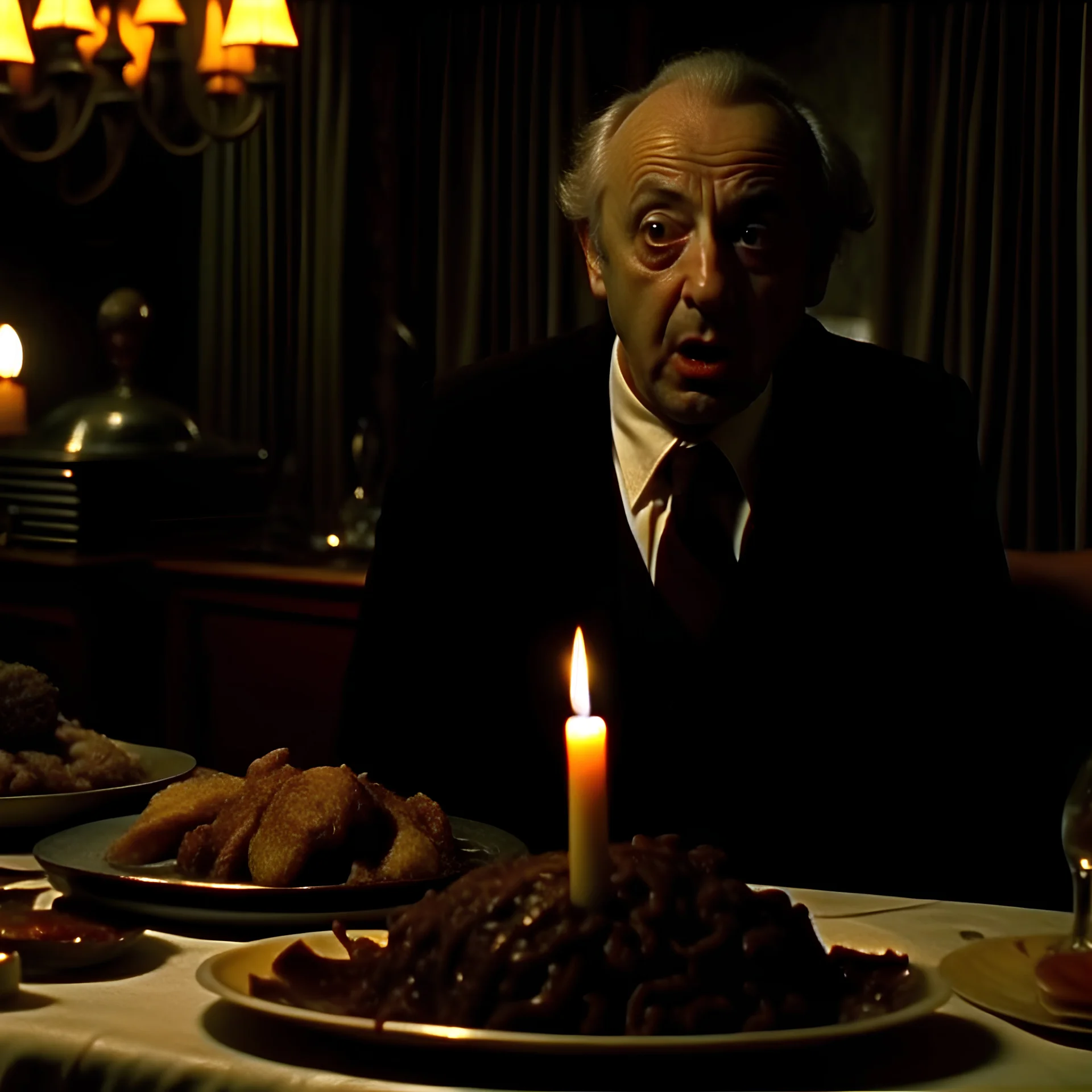 Spooky, ultra realistic distress, dining, u pieces of meat, silver organic palen ail dynamic, anguish, excited and lively scene, hypermaximalist figures, stb, Creepy the Ring Alfred Hitchcock, Sam Raimi, insanely detailed, sinister, John Carpenter, Dario Argento, ornate