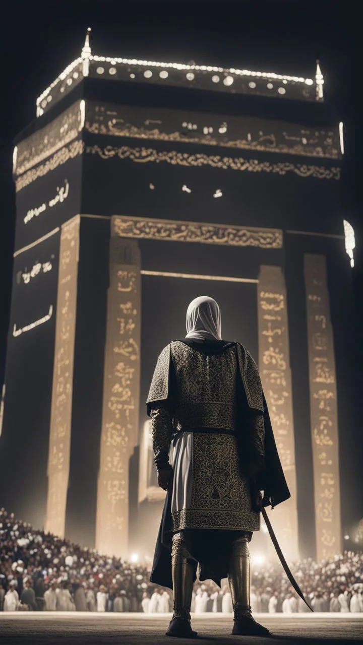 Make me a picture of a Muslim knight, standing at the Kaaba, make the picture in the dark, with his back to the screen.