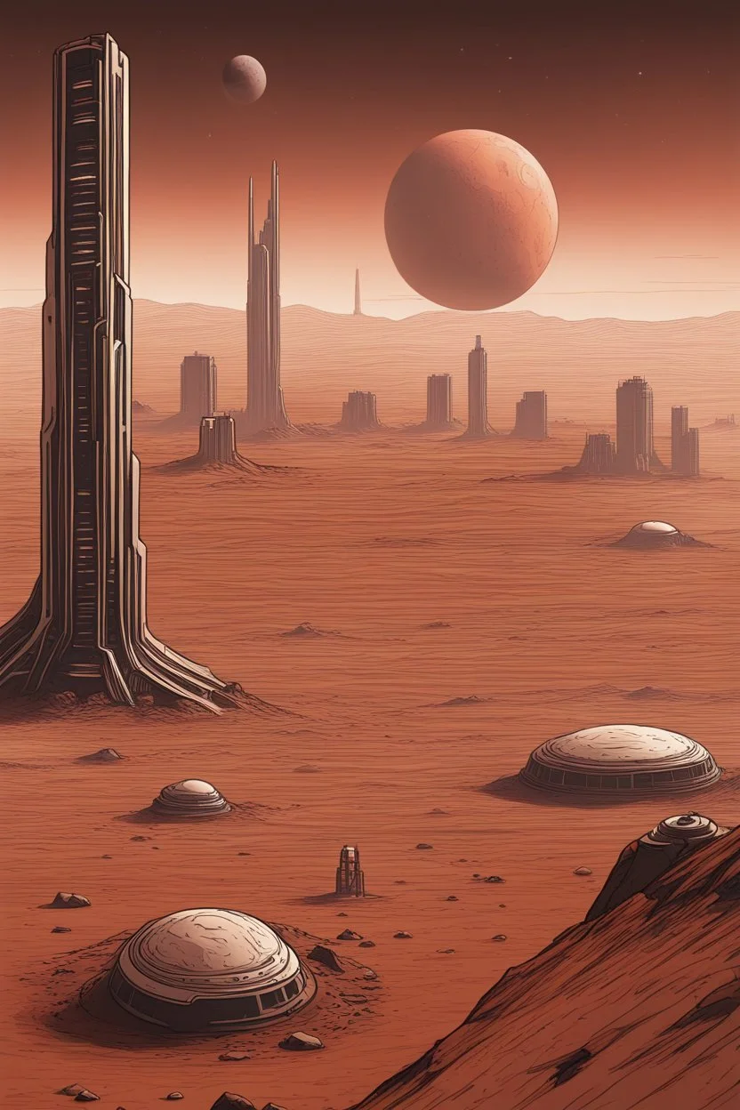 thine line draw style, show a shot of a view of Mars surface with future high rise structures buildings