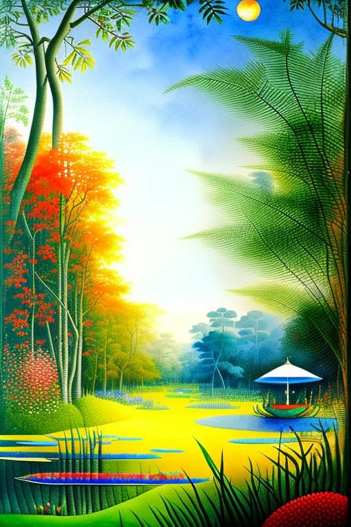 watercolor painting, colorful tropical landscape garden scene in the style of Henri Rousseau's artwork, “The Equatorial Jungle”