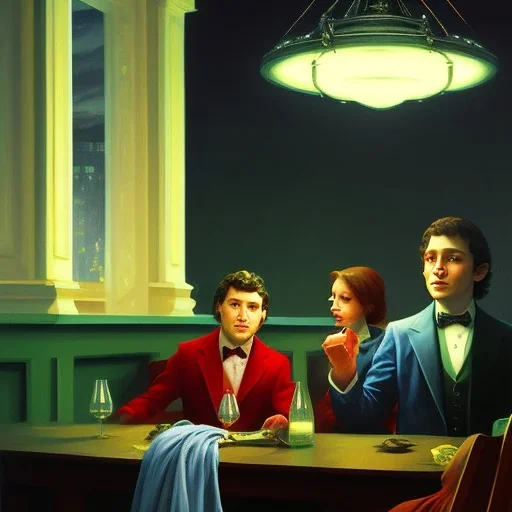 Frodo and Batman at a dinner at night painted by edward hopper