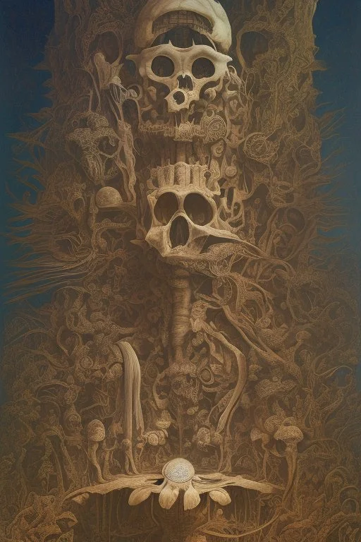 An incredibly creepy detailed masterpiece collaborative painting by Max Ernst, Roger Dean, Leonardo da Vinci, ornate, detailed, high resolution, polaroid, intricate, volumetric light