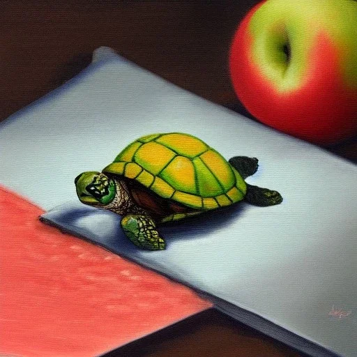 Oil painting style turtle and apple