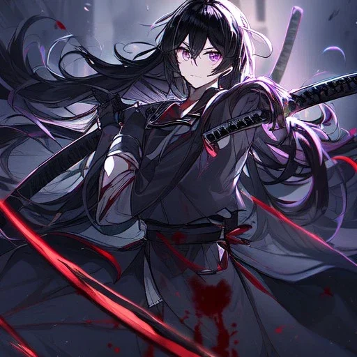 Clear focus, High resolution, rough line sketch art, long black hair, hair between eyes, fluffy hair, purple eyes, wearing a black and red sailor uniform, dark aura, mad, holding katana, bloody mess