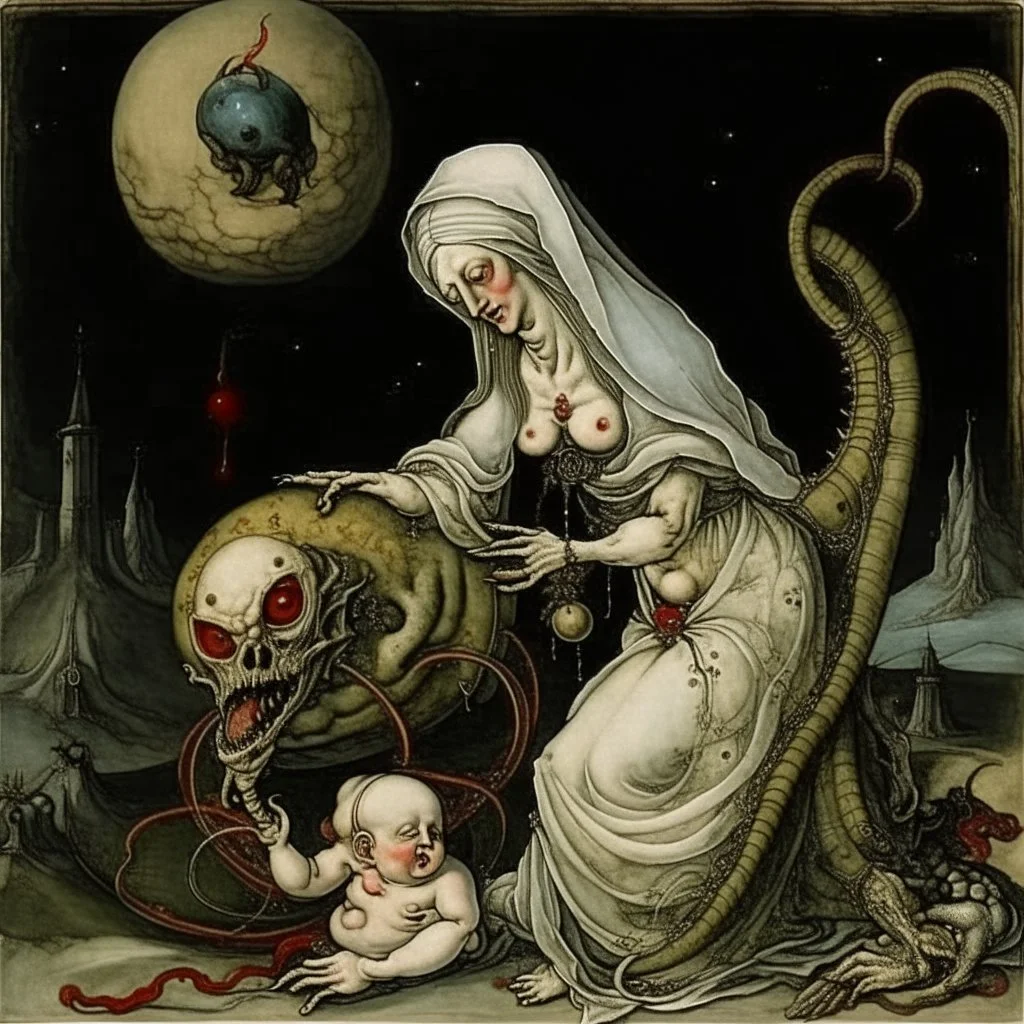 Visual Necromancy, zombie Madonna cradling an anthropomorphic worm baby on the moon, horror art conceived by Hieronymus Bosch, middle-ages surrealist painting, putrescence essence