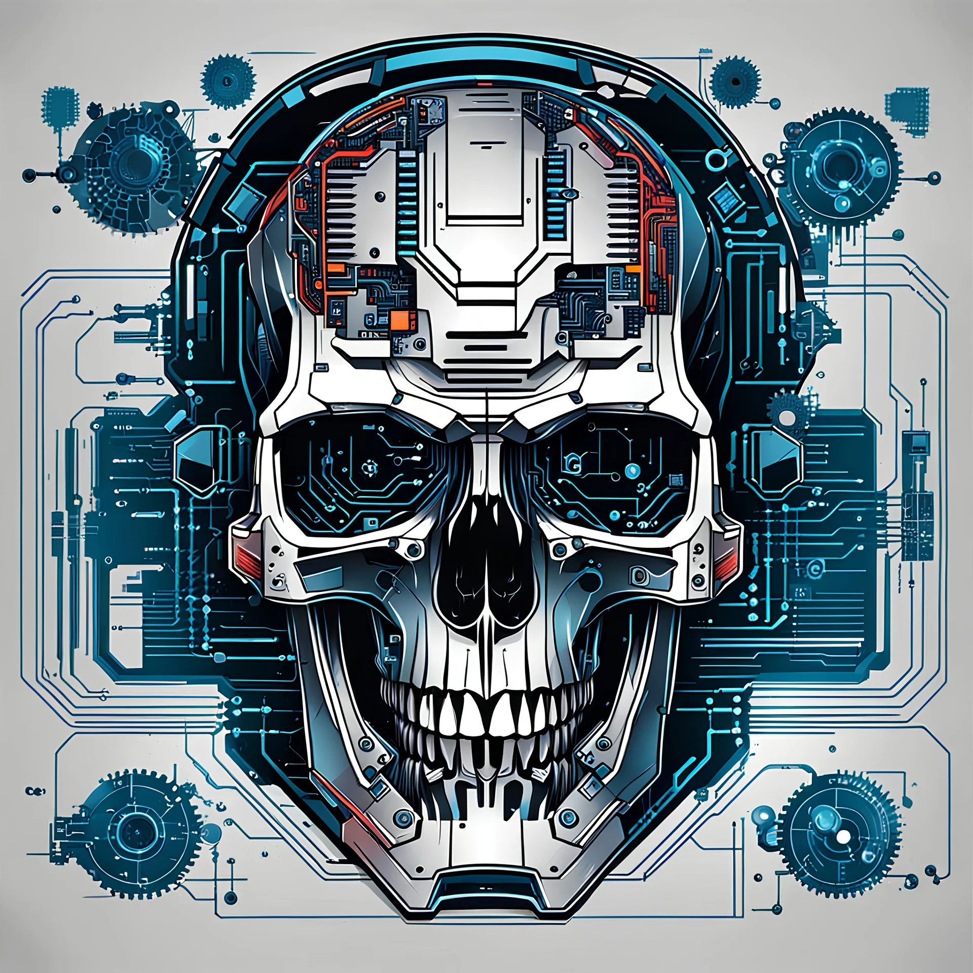 FLAT VECTOR LAYERED IMAGE OF CYBERNETIC SKULL PARTS IN A SCHEMATIC