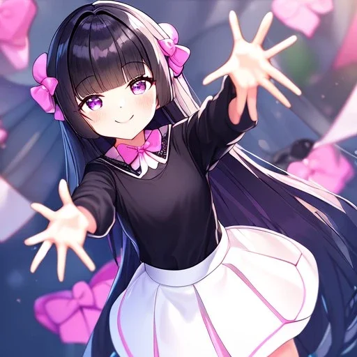 Clear focus,High resolution, Black long fluffy hair, and purple eyes, Loli, Sassy, black shirt, pink bow, white short skirt, cute, smile, hands out, reaching out to you