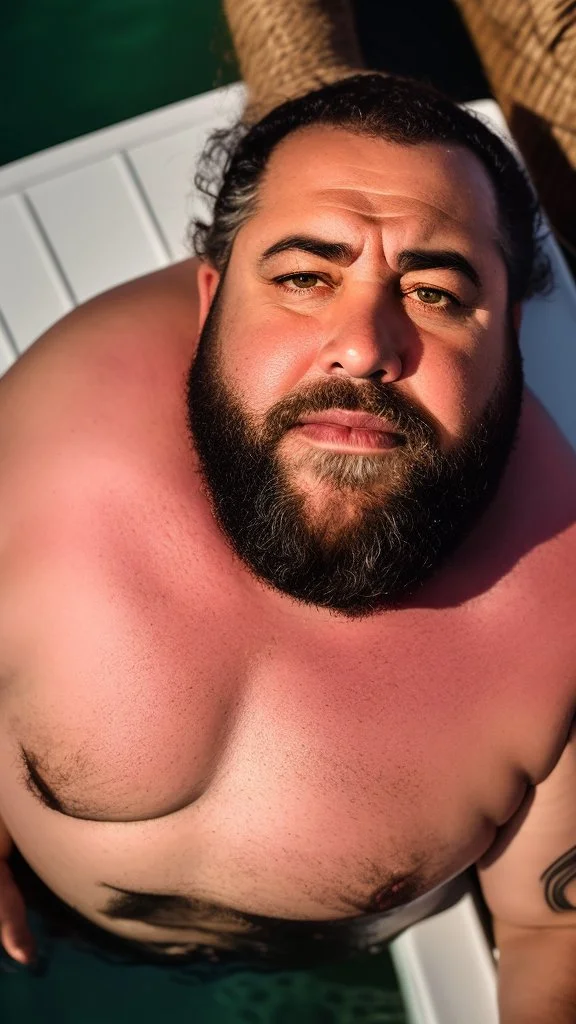 top view photography of a muscular chubby burly bearded marocan fisherman relaxing sunbathing sitted in a small fischer wooden boat , bulge, tattoo, ugly, 49 years old, short beard, bullneck, emotive eyes, photorealistic, 35mm lens, Canon EOS, 8k