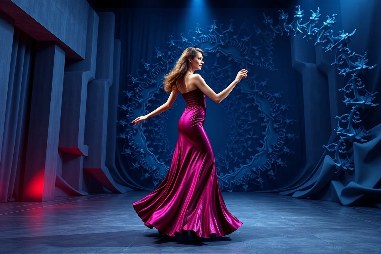 modern stage with gray-blue theme artistic decoration , color full dynamic lighting, a beautiful lady in modern maxy dark purple red dress with shining silver jwells dancing, 3D recursive fractal structure animating background