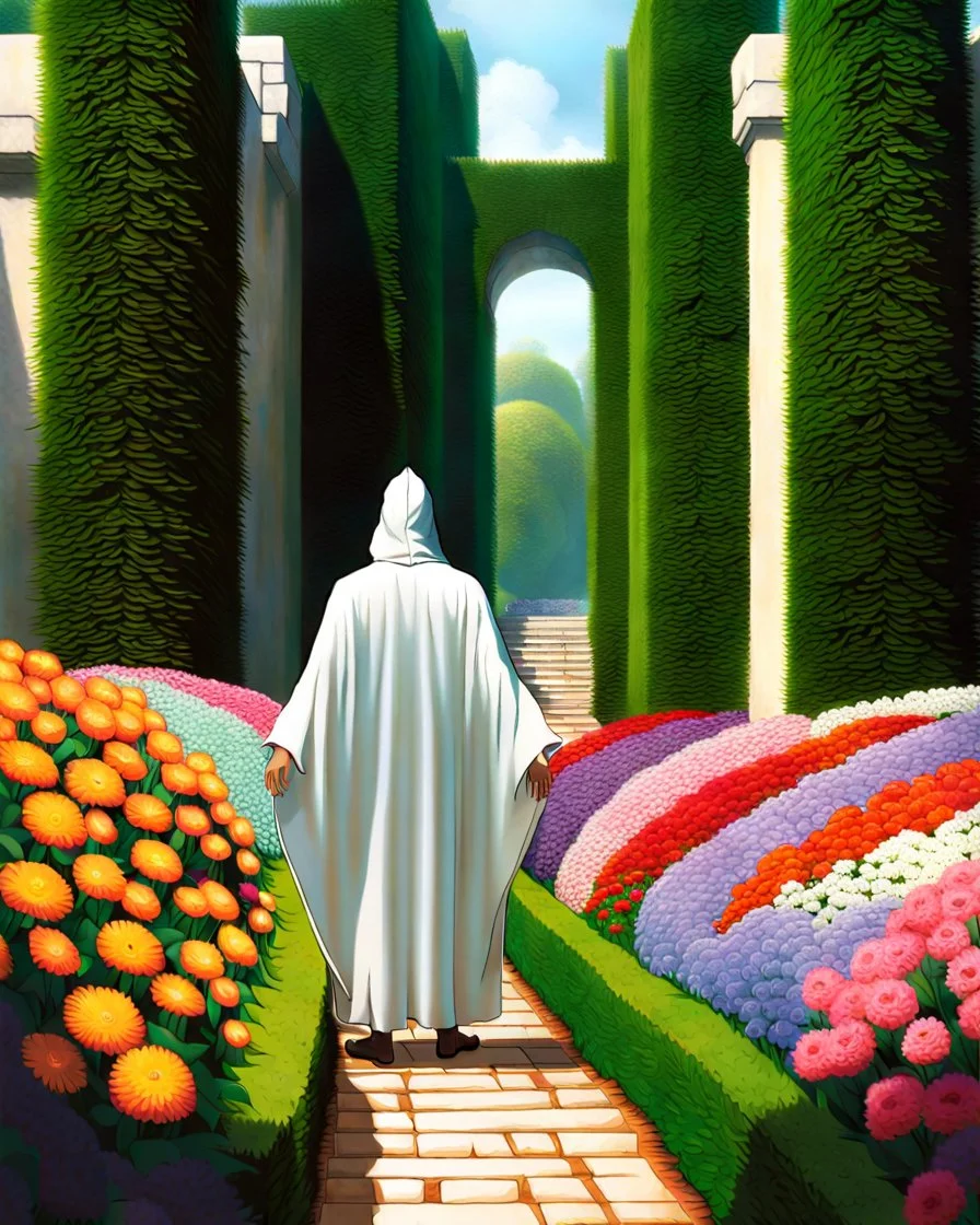 Castle hedge maze with multicolored flowers and hooded figure in white robes rpg art painterly