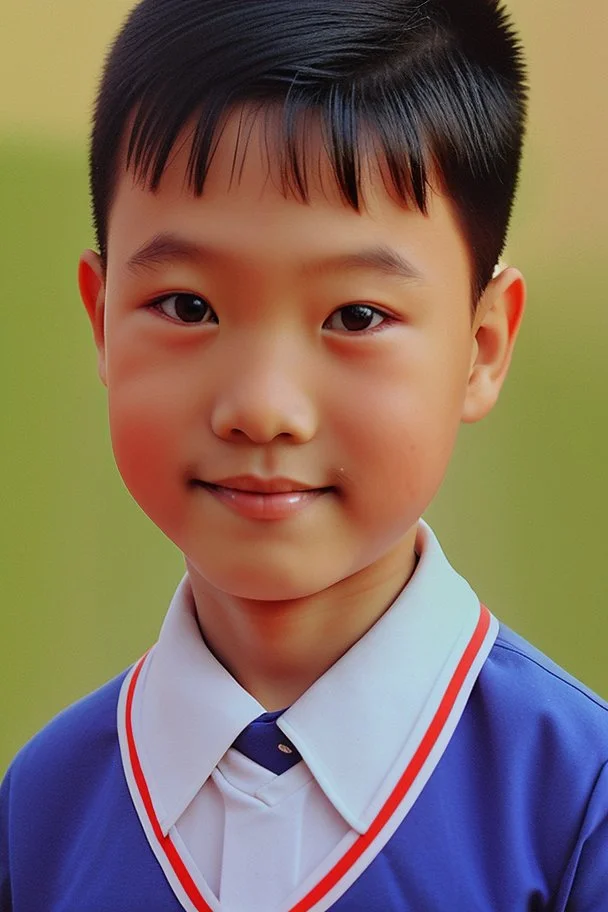 6 year old asian schoolboy in his school uniform portrait, high details