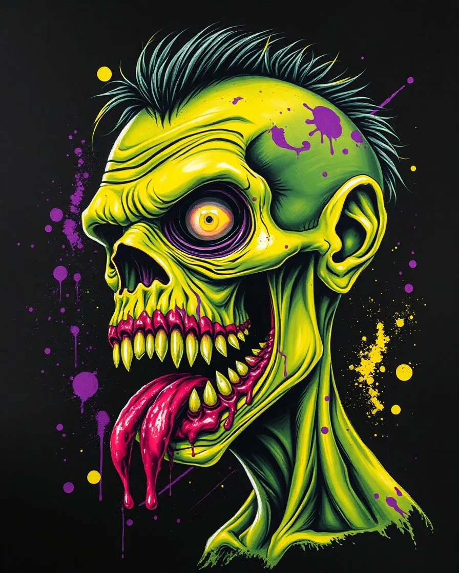 Airbrushed caricature of a grotesque horror blood and guts teeth horrific zombie, neon green and yellow with purple paint splatters on black background