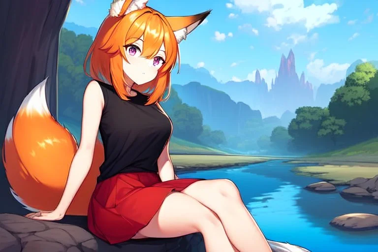 Girl, fox ears, one big fox tail, orange hair, red skirt, river, fox foot , sit on the shore, purple fox eyes, black T-shirt