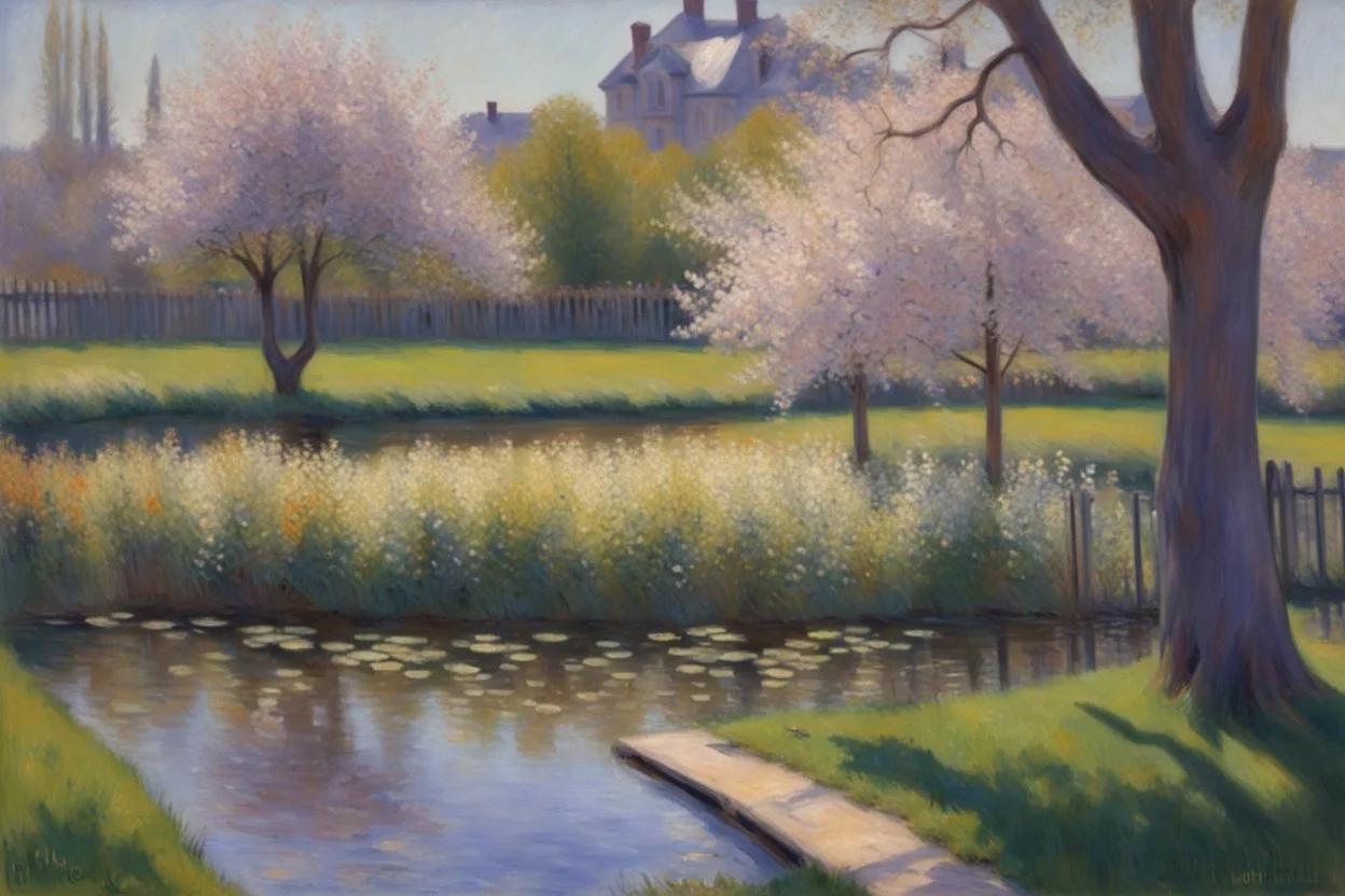 amazing sunny spring day, trees, flowers, fence, little pond, gustave caillebotte impressionism painting