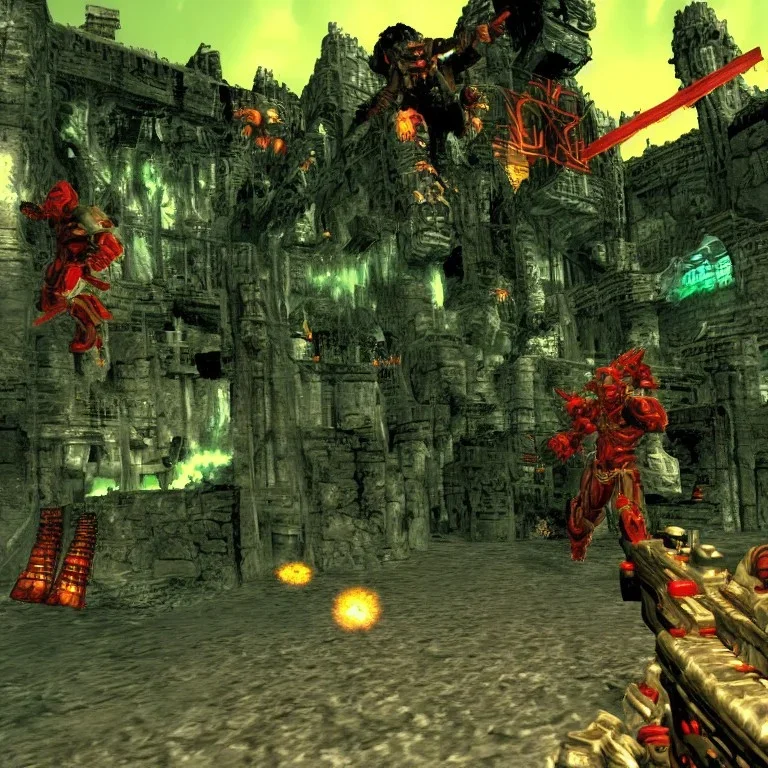 Hexen, unreal tournament, first person shooter, video game sceenshots, doom 2, duke nukem, daggerfall, 90’s, scifi, colorful, 90’s 3d, 90’s museum, 90’s mall, cute, gundam, gundam wing, gundam models, Happy, video game 3d