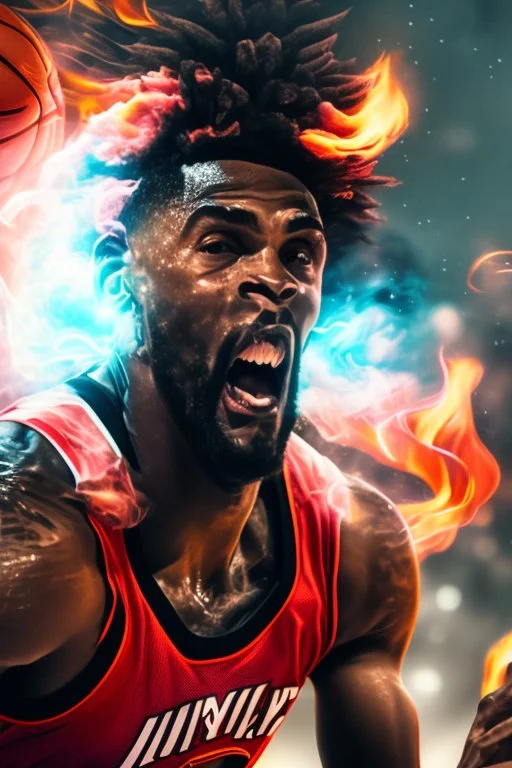 8k, highly realistic and detailed image of a NBA basketball player in action dunking the ball in the net, sweaty hair, screaming look,action and smoke and flames background