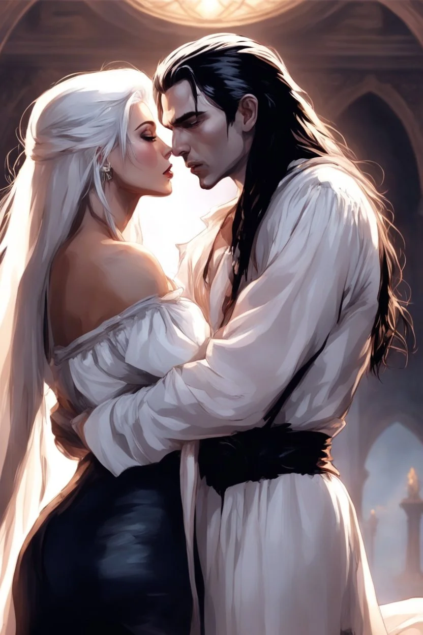 Strahd Von Zarovich being kissed by a beautiful woman with white hair, wearing an off the shoulder dress. Settling and background are a lavish toomb with an ebony coffin.