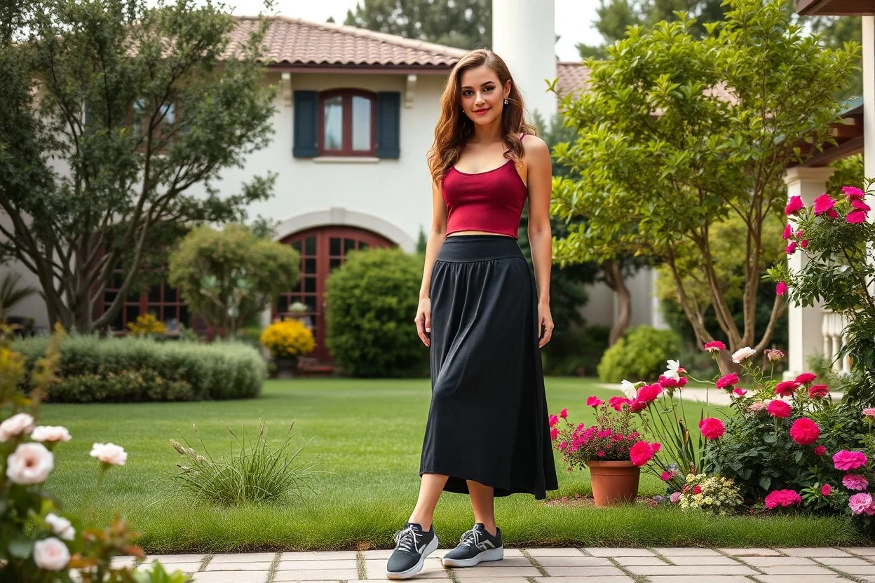 very beautiful lady with beautiful midi dark black-red skirt and top with curvy hair sports shoes standing in a nice villa yard with trees flowers ,16 by 9