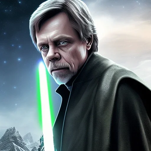 digital art portrait of (Mark Hamill as Luke Skywalker) ((dressed in plain jedi tunic)), surrounded by 100 planets, ultra-detailed, ultra quality illustration, eerie atmosphere, 8k, cinematic lighting