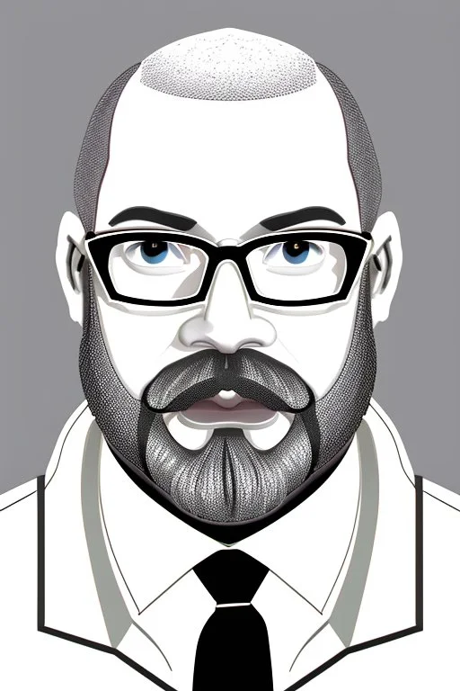 black and white,real estate agent,bald male with grey beard,55 years old,metal frame glasses,, necktie,portly,detailed drawing,white background