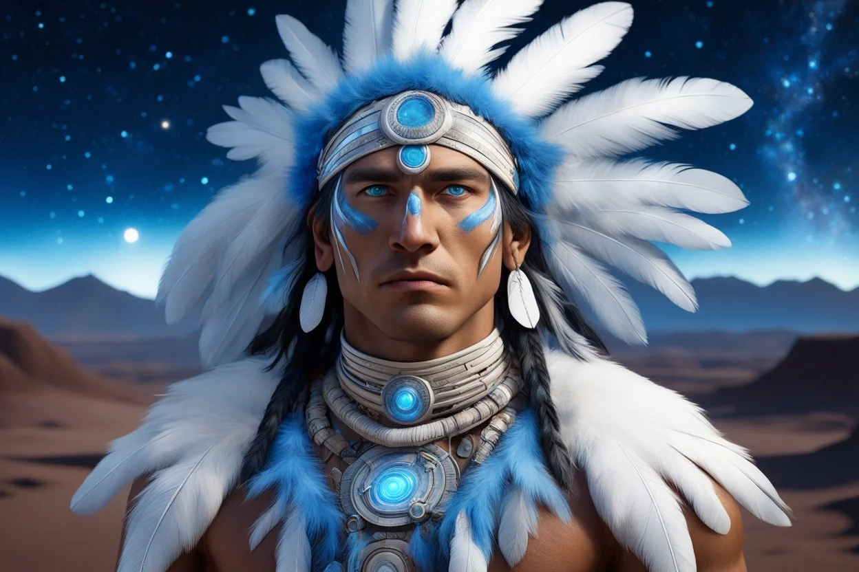 indiano d'america con gli occhi blu, il suo costume è azzuro blu con piume blu e bianche, ma anche un po' cosmico-futurista. Il paesaggio è di natura Nativa con una notte stellata, un cielo luminoso pieno di galassie brillanti