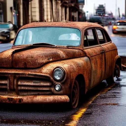 old rusty car parked on a busy street, rain