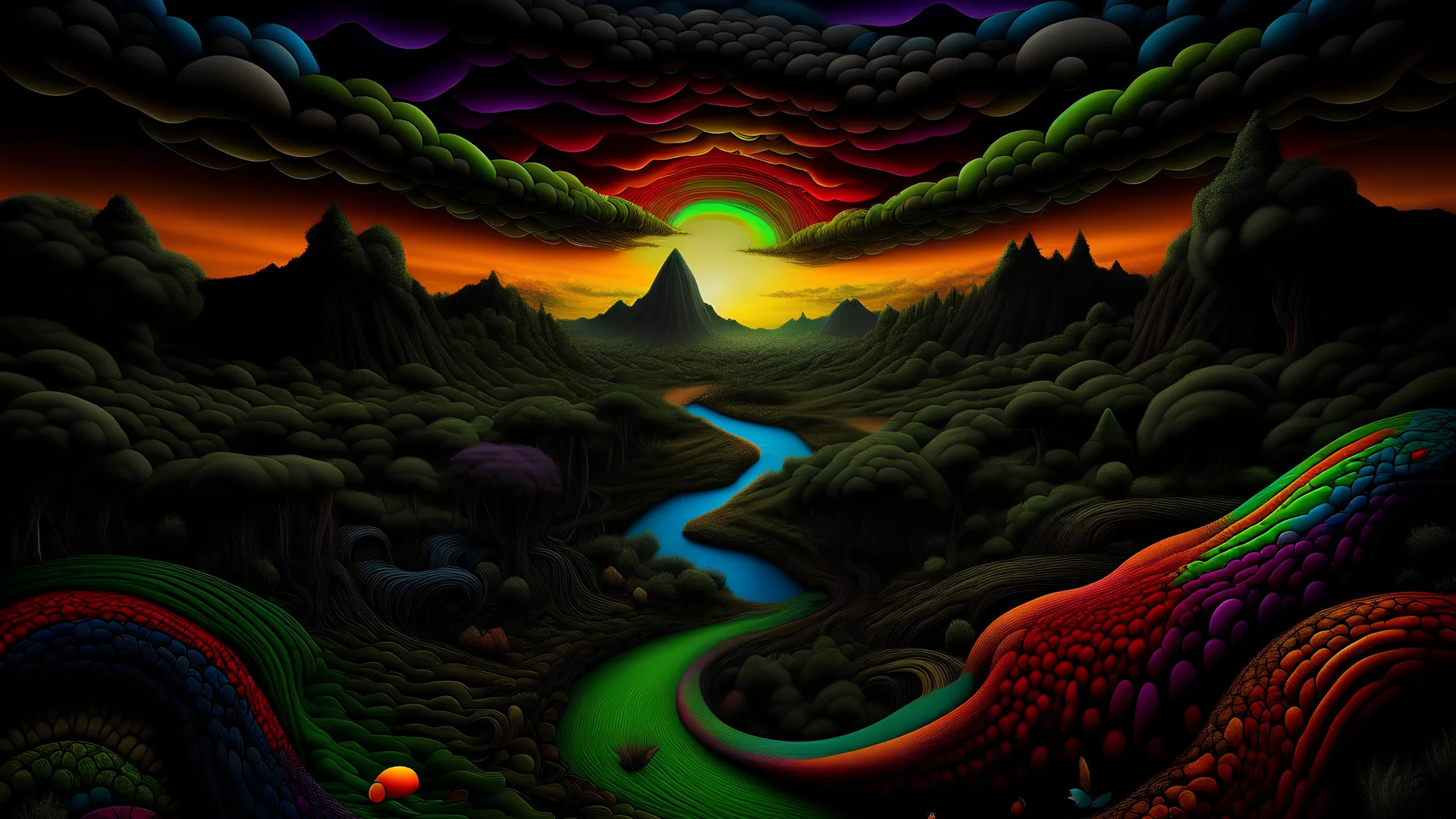 All Black Rainbows || surreal landscape, in the styles of Douglas Smith and Jim Woodring and Patrick Arrasmith, mixed media, cinematic, sharp focus, highest resolution