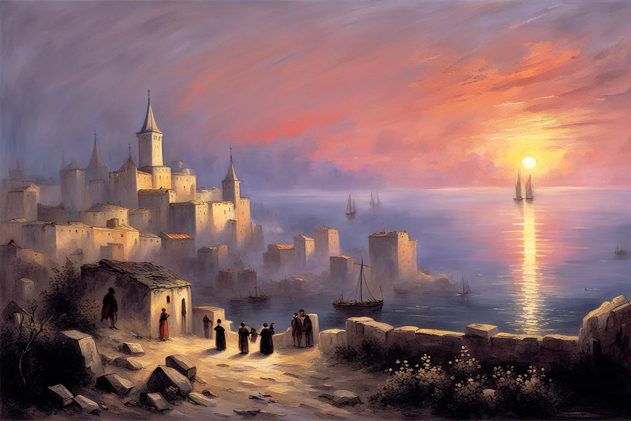 a medieval town by the sea at sunset by artist "Ivan Constantinovich Aivazovsky"