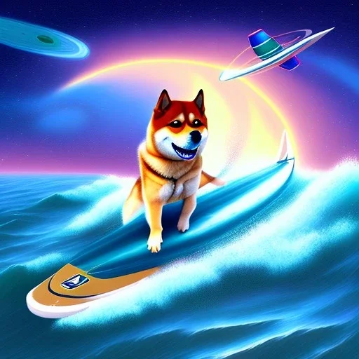 shiba inu surfing in space