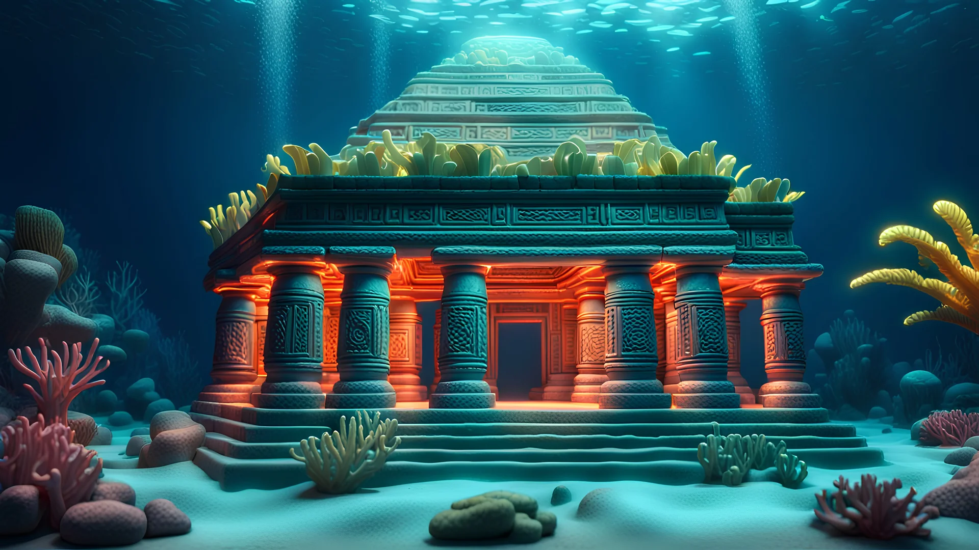 Underwater temple mayan on the ocean ground, inside hyperrealistic 16k, 3d rendering, expressively detailed, dynamic light, neon lighting, outside underwater world with plastic pollution