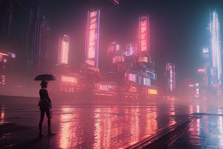 3D, beautiful, light reflecting, empty future city skyline at night, rainy night, neon, cyberpunk, tron, one cyborg walking, 8k, finely detailed, photo realistic