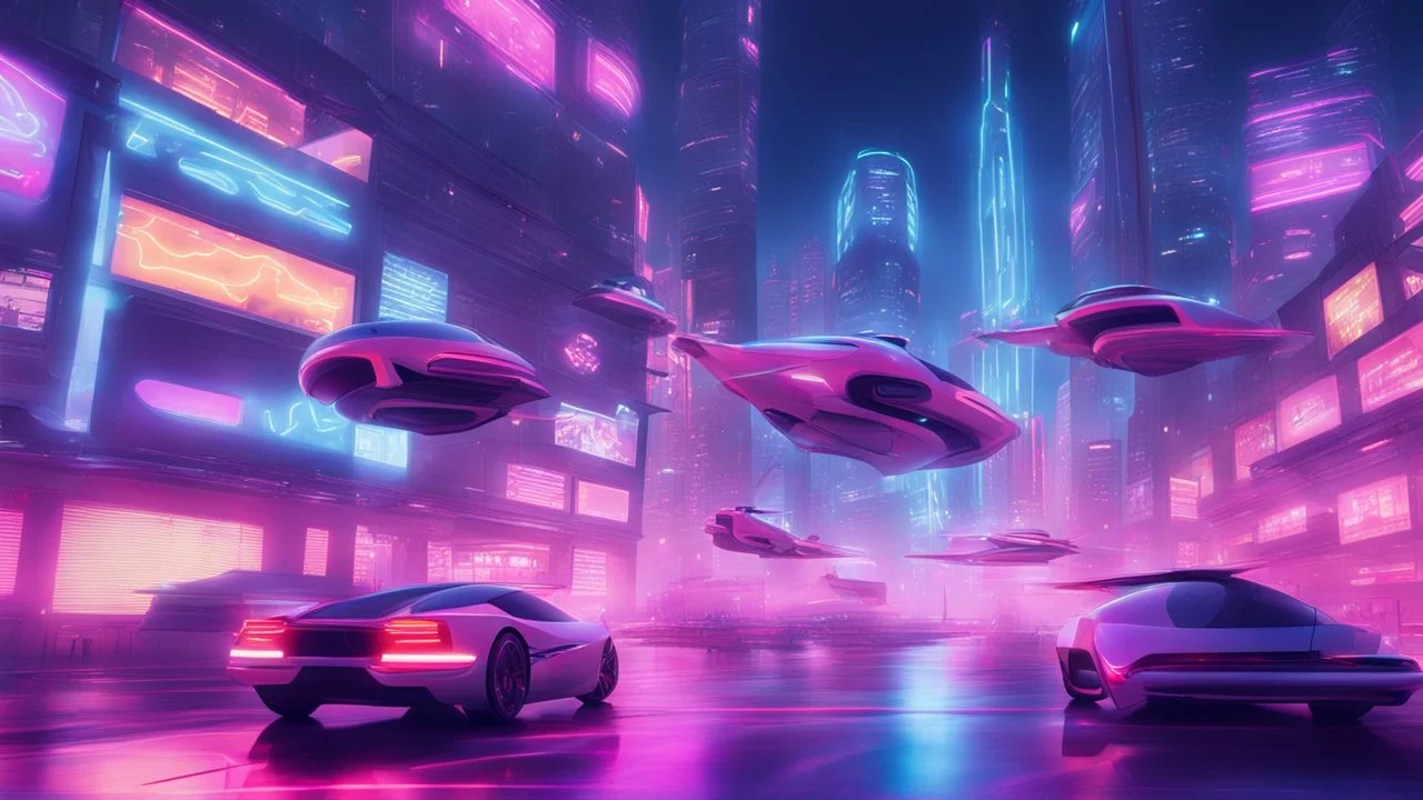 A futuristic cityscape at night with neon lights and flying cars.