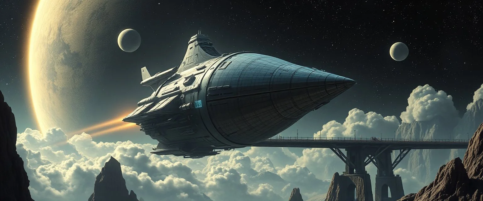dark draw bridge space station holding huge round pear space ship, portrait of inter-galatic handsome power broker , the first nation, witchcraft, cyberpunk village, sci-fi, strange chrome vessels, volume light from stars through clouds, goa trance poster
