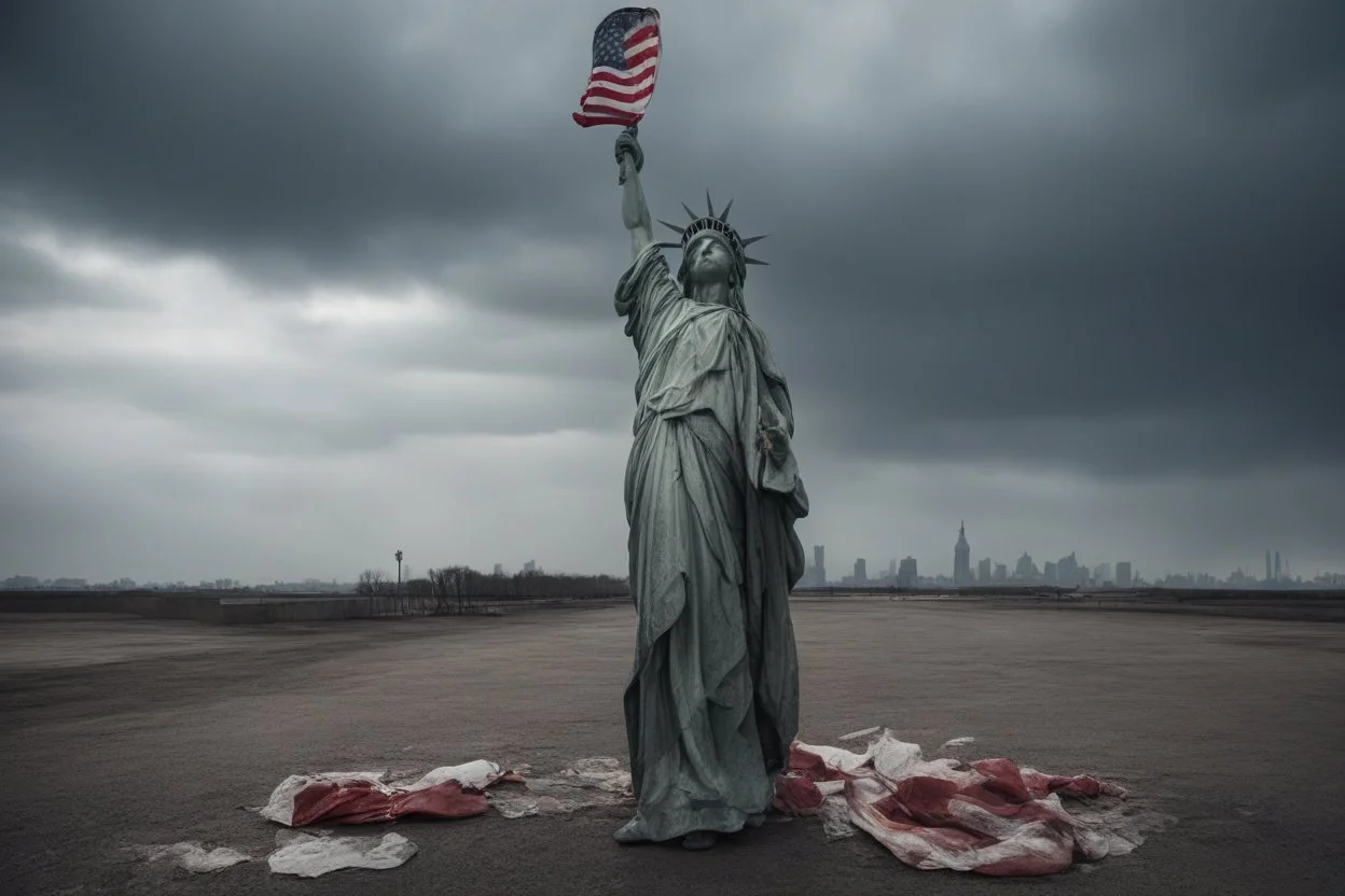 the statue of liberty, dress dirty and torn, her face solemn and terse, trash littered at her feet, she holds a crumpled american flag, she walks away with back turned under a dark and dreary sky, wide angle