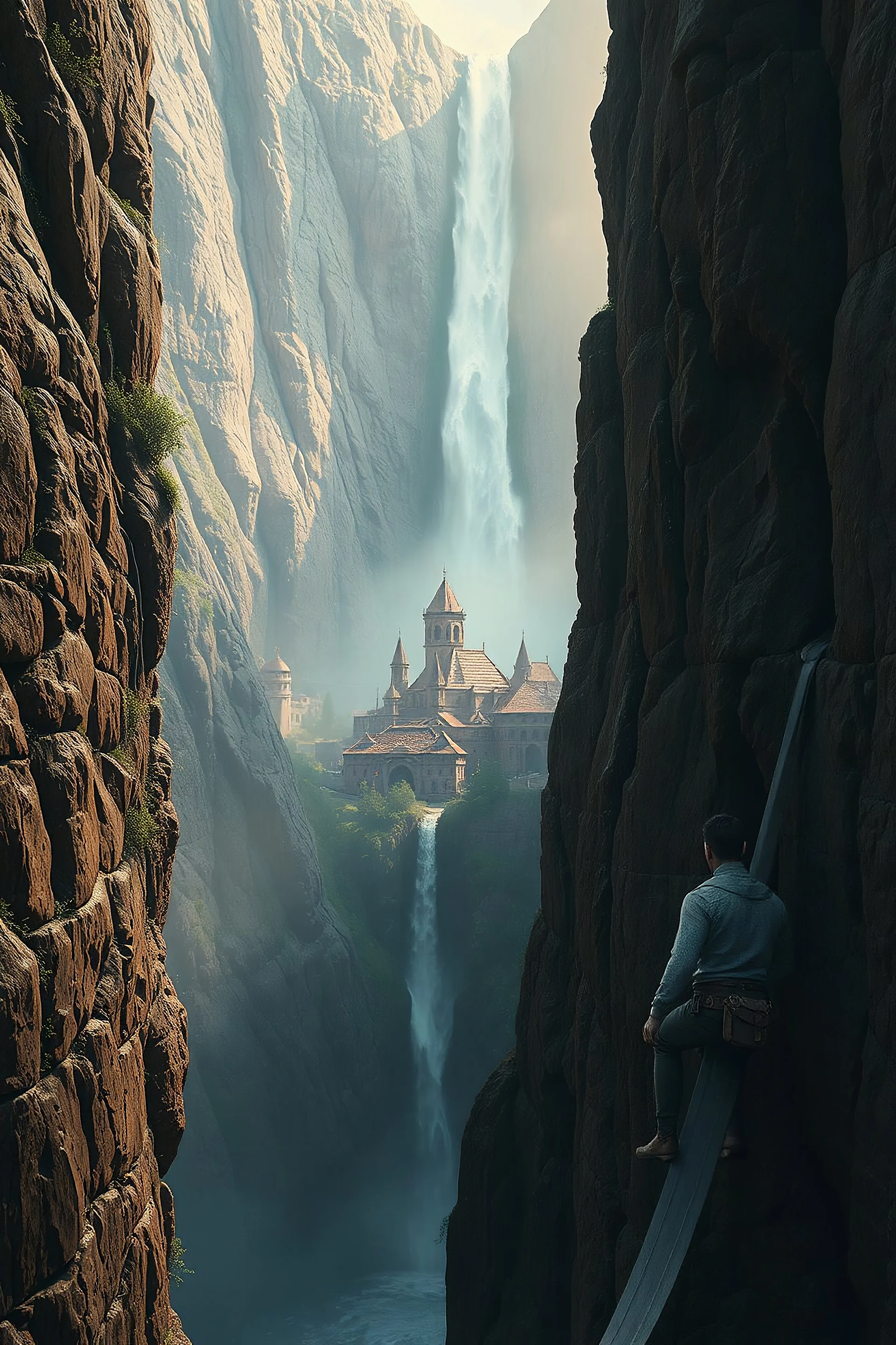 a waterfall falling upon a medieval city at the end of a steep, narrow, 3.000 feet tall ravine. a man climbing the mountain with rob Like Clive hanger movie laying down on a cliff holding his hand friend try to save him from falling on a cliff masterpiece, fantasy concept art, dynamic lighting, hyperdetailed, intricately detailed, deep color, Unreal Engine, volumetric lighting, Epic cinematic brilliant stunning intricate meticulously detailed dramatic atmospheric maximalist digital matte paintin