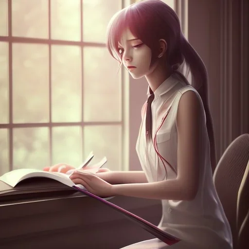 female student studying by the window, anime style,perfect face, cool face, ultra detail, unreal engine 5, cinema4d, sun light, studio lighting --ar 1:1 --v 4