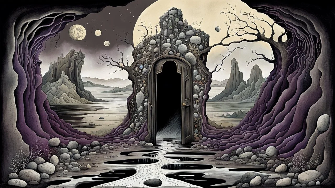 painted inner world with uncontrolled mind and neurodivergens soul, floating rocks over surreal cracked weird landscape . one cracked bridge between two dark door. deep dark purple, gray, black, white, brown, malachit, cream color. Whimsical strange style of myro, of Quentin Blake and Redmer Hoekstra. No people in picture, weird absurd beauty nightmare, black rawen, in background fade neuron network-web, surreal vibe,