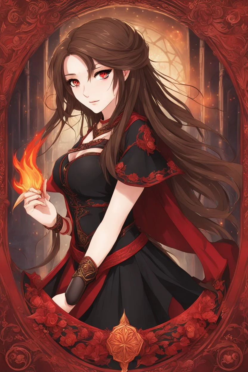 A confident looking young woman with pale skin and long brown hair in a fantasy setting with intricate details. She is wearing black and red, has red eyes, She is a fire mage. Anime style. High definition