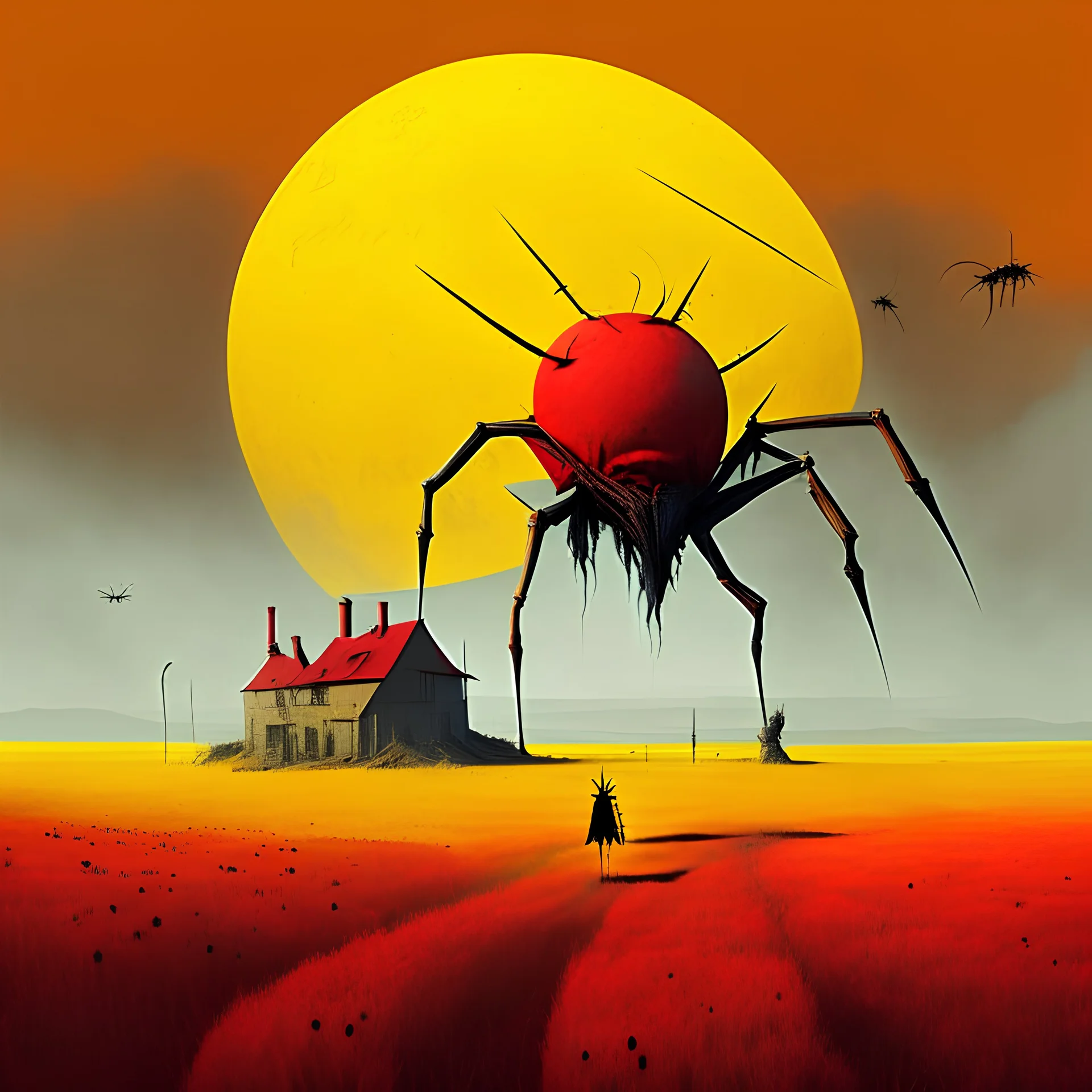 High concept art, dramatic unreal landscape, in a red field with an anthropomorphic yellow house made out of a Lemon skittering away on spider legs, colossal biomechanical Minotaur carrying a reaping Scythe, large moon on horizon, smoke plumes in distance, dynamic composition, oddball masterpiece, sfumato, complex contrast