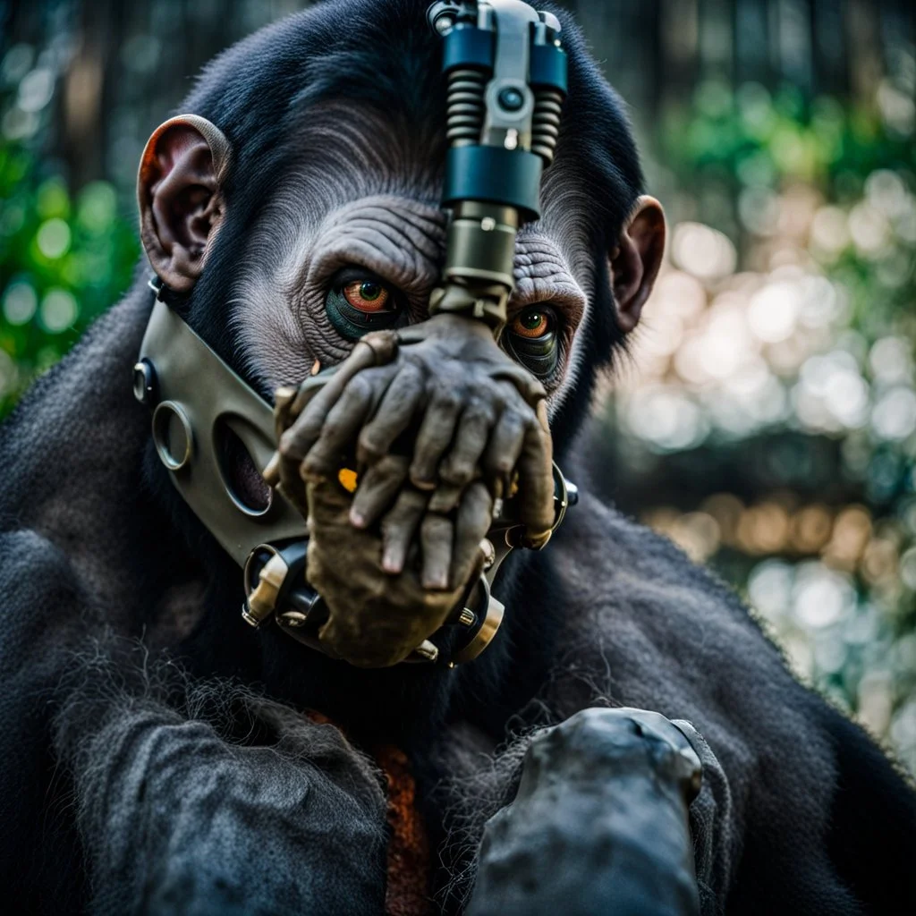 Cyborg, Ape, Primate, hominid, breathing device, respirator, solarpunk, Dystopian, Alberta, all-natural, in the style of candid, Fuji Film, Anamorphic lens