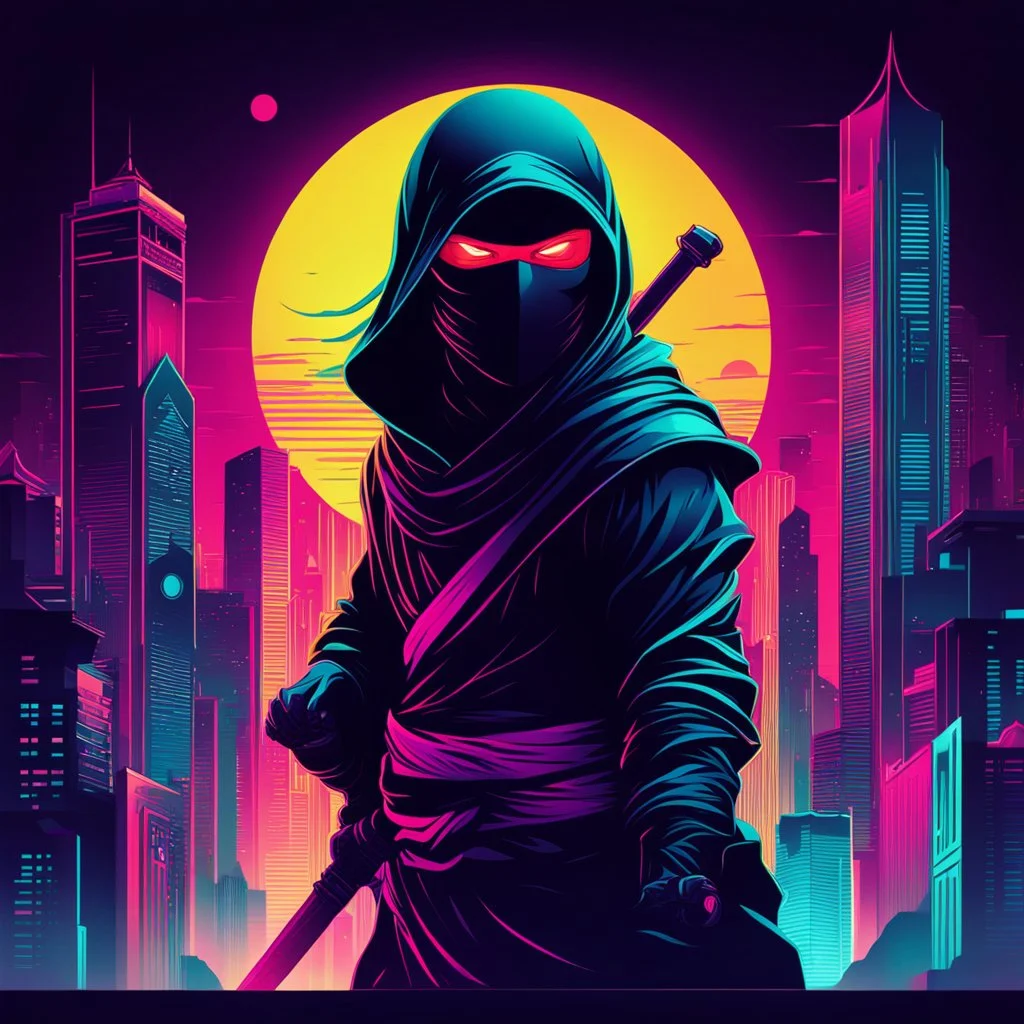 Ilustración minimalista de un ninja arte nouveau neón lineal colores contrastantes calidad ultra fondo ciudad