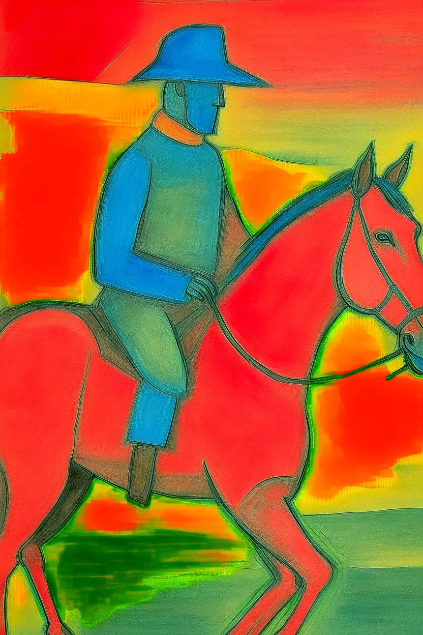 Man on horseback in the style of Paul Klee, Degas, pastel chalk with thin sketchy lines, vibrant colours, ink transfer