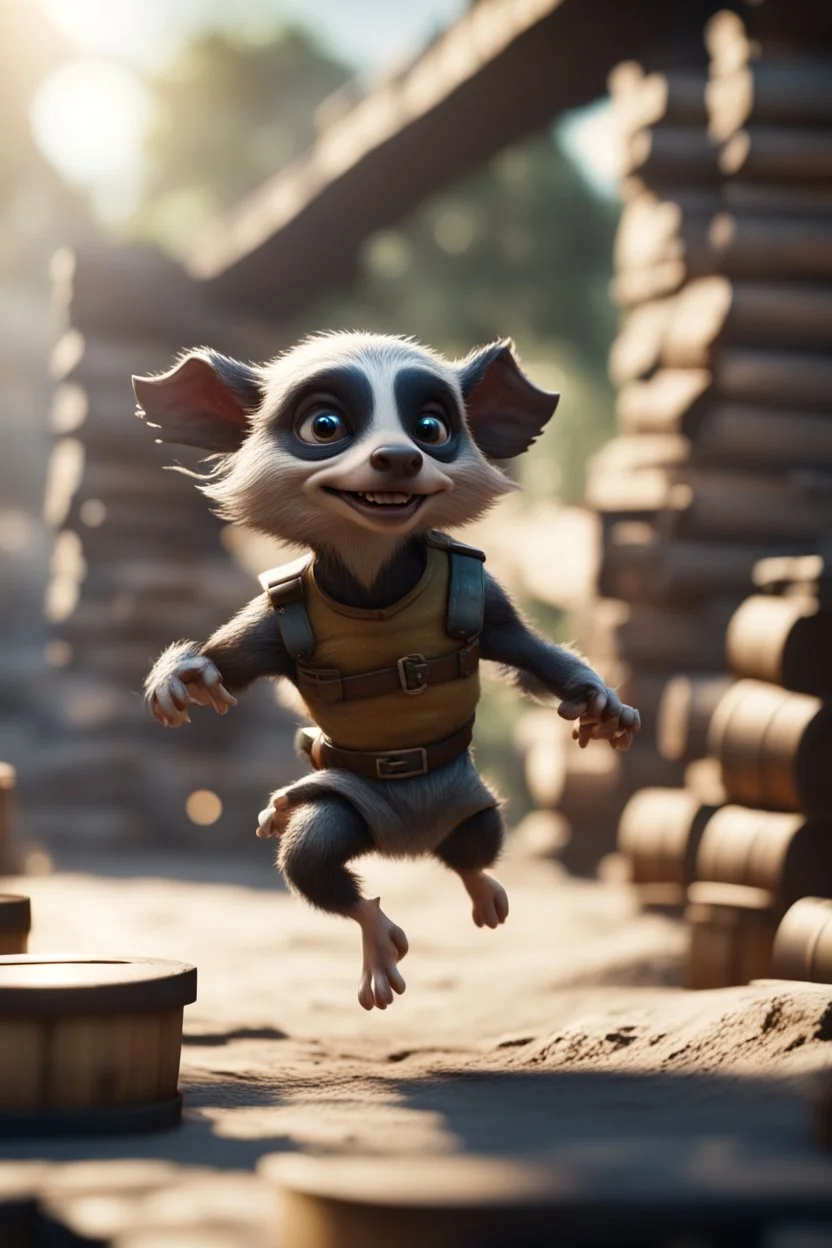 pen outline, gremlin alien badger sheriff sprinting and jumping over barrels under the bridge ruin ,bokeh like f/0.8, tilt-shift lens 8k, high detail, smooth render, down-light, unreal engine, prize winning