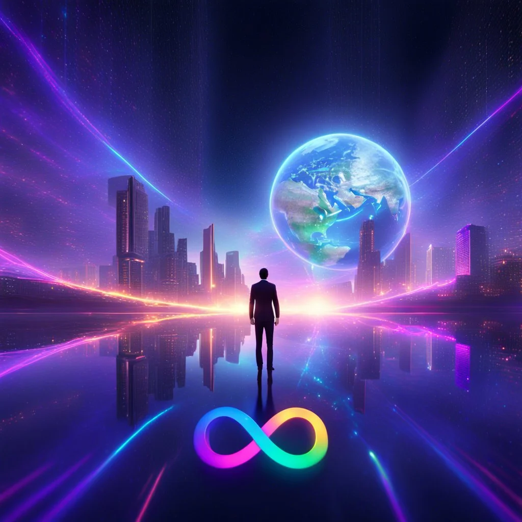 3D infinity symbol ∞, infinity figure-of-eight symbol is totally-symmetrical and brightly coloured, man silhouette facing epic scene of building, glowing earth, water, network and lights, exotic, inspiring, fantasy, neon, friendly, beautiful, octane render, 8k post-production, artstation: award-winning: atmospheric: commanding: fantastical: clarity: 16k: ultra quality: striking: brilliance: liquid medium: stunning colors: amazing depth; lens: f/8, 28mm