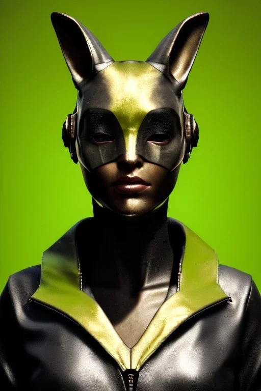 Medium Close Up Portrait, Front image. cyberpunk, rabbit mask, sweet woman, gold hair. Leather suit army. Yellow, black, green, color. Art deco style. Color background, photo studio. Avatar image, highly detailed, concept art, smooth, unreal engine 5, ray tracing, RTX, lumen lighting, ultra detail, volumetric lighting, 3d, finely drawn, high definition, high resolution.