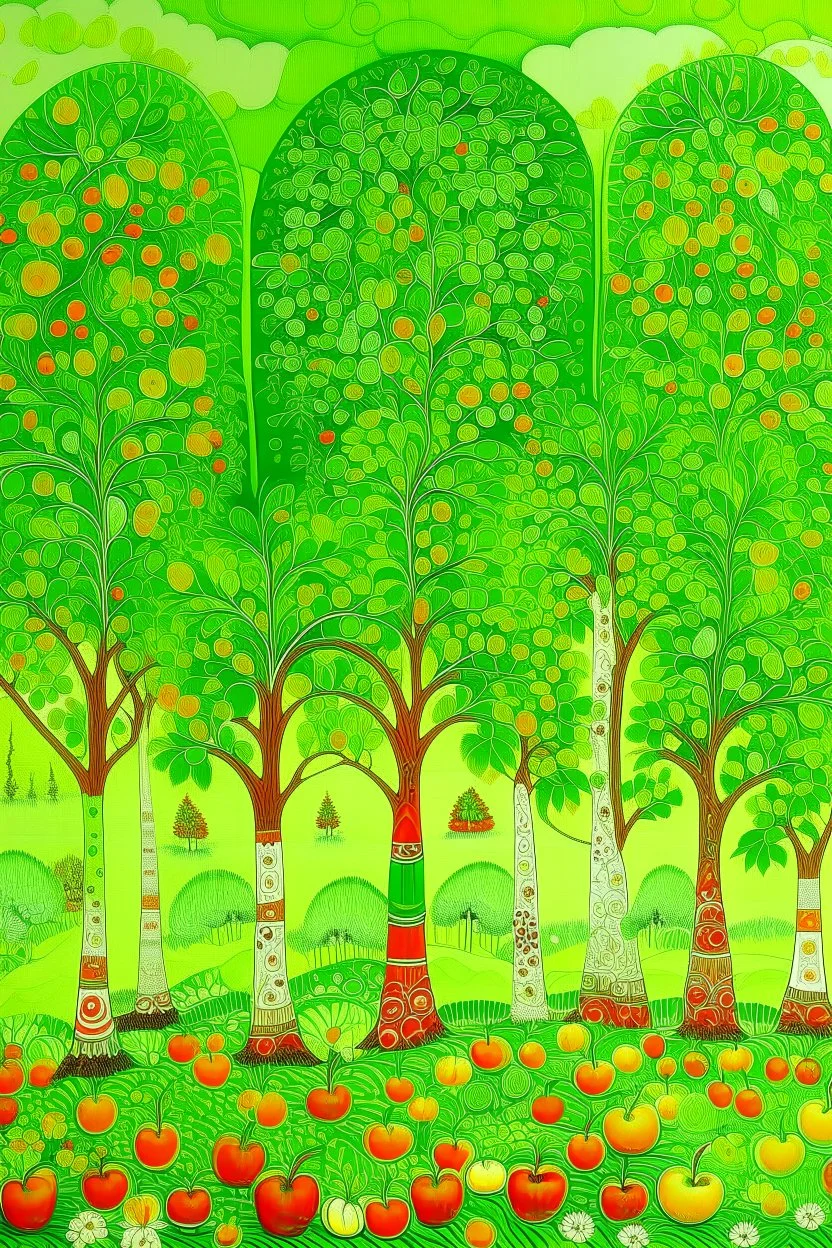 A lime green woods with apple trees designed in German folk art