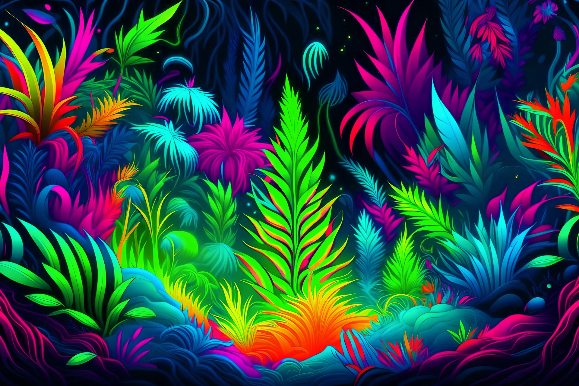 neon luminescent rainforest polychromatic UV-enhanced blacklightied digitally enhanced rainbow colored marijuana isometric crystal fusionArt mysterious jungle painting